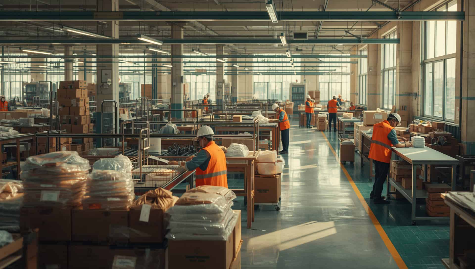 Ethical manufacturing in India with workers inspecting products in a sustainable, organized factory.